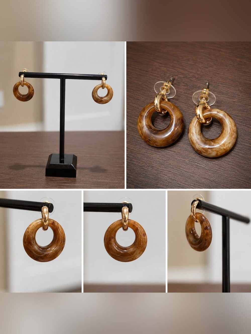 Plunder Gold-Tone Brown Marbled Hoop Drop Earrings - Women Jewelry